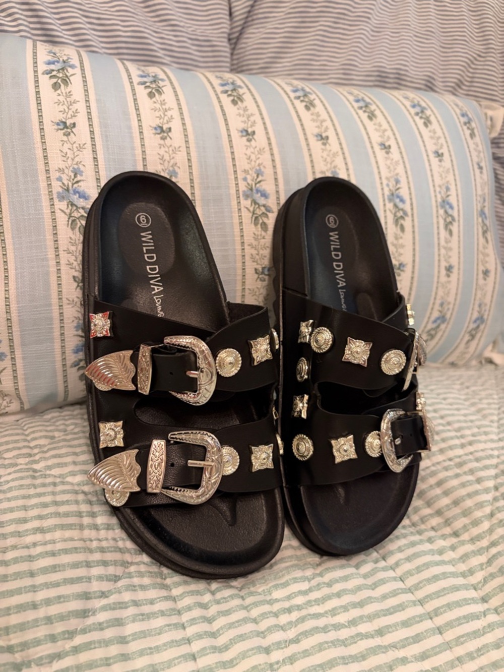 Wild Diva Black Slide Sandals with Silver Western Buckles